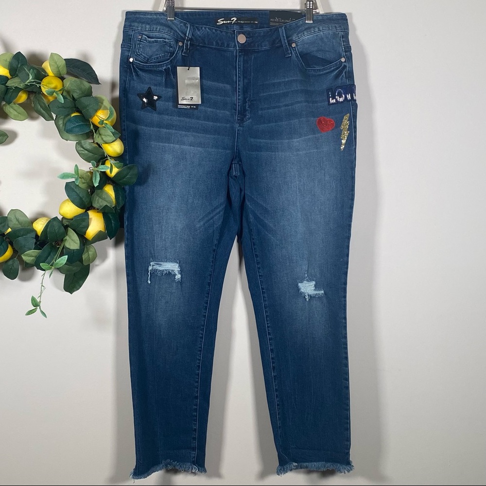 SEVEN7 women’s mid rise slim straight sequin iron on patches jeans plus size 20W
